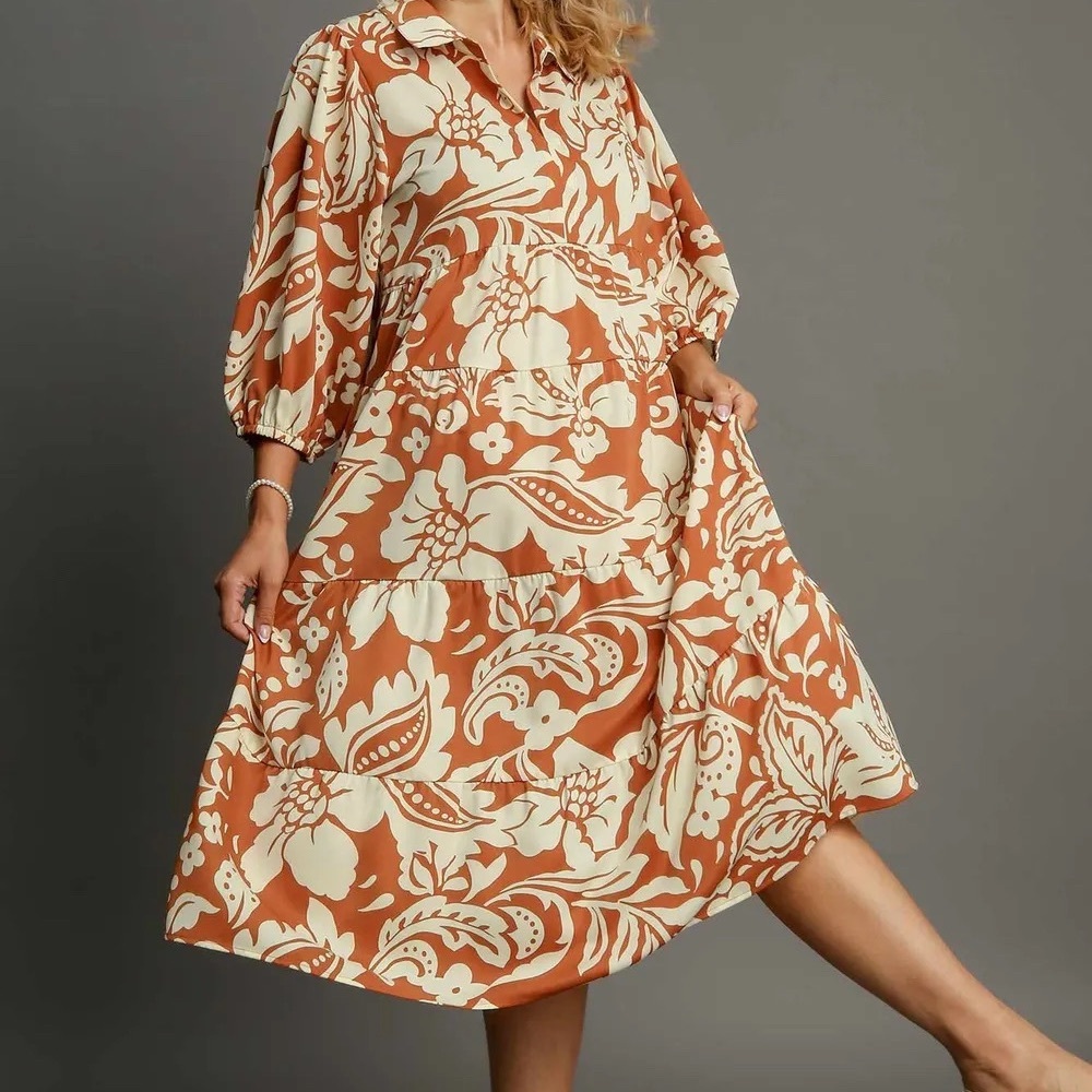NWOT Umgee Rust and Cream Floral Midi Dress - Picture 6 of 9